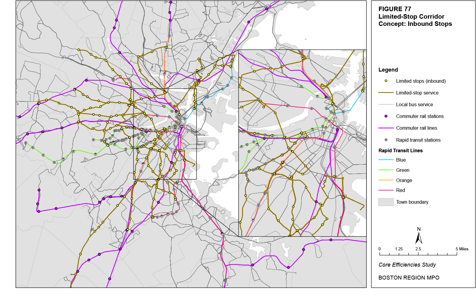 This map shows the MBTA bus, rapid transit, and commuter rail network with the proposed changes in the limited-stop corridor concept for inbound bus service.